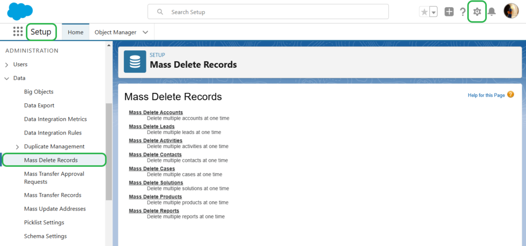 Salesforce setup mass delete records