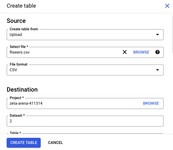 Create table in Google BigQuery