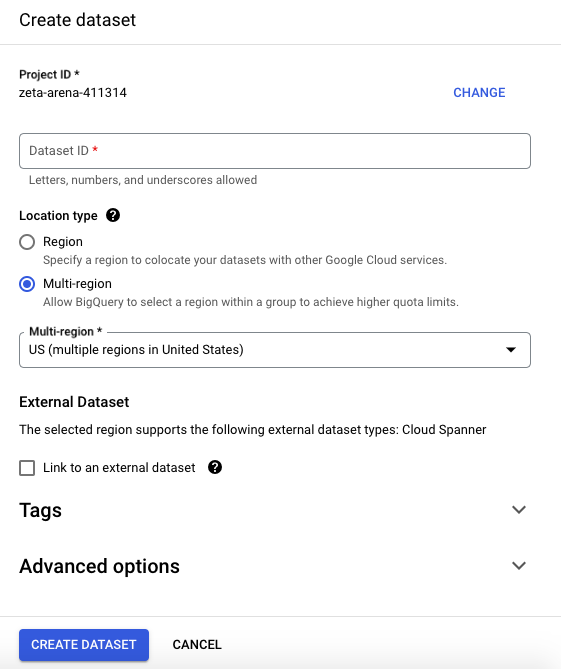 Create dataset in Google BigQuery