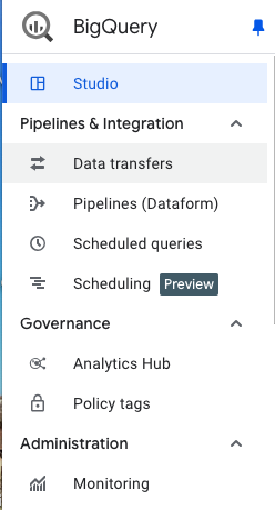 Google BigQuery menu