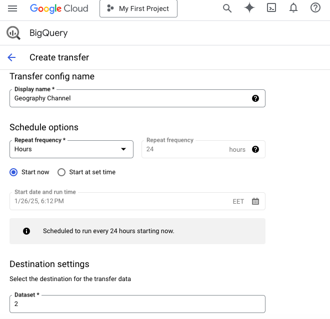 Create transfer in Google BigQuery