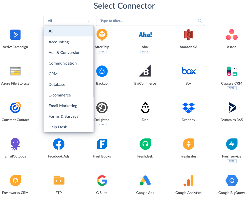 Skyvia connectors select page