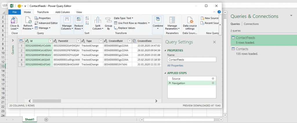 The Excel worksheet is filled out with the Salesforce data from the specified table