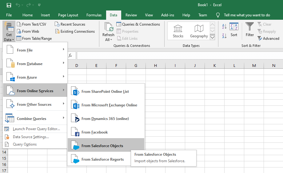 get data from Salesforce to Excel through Excel original interface 1