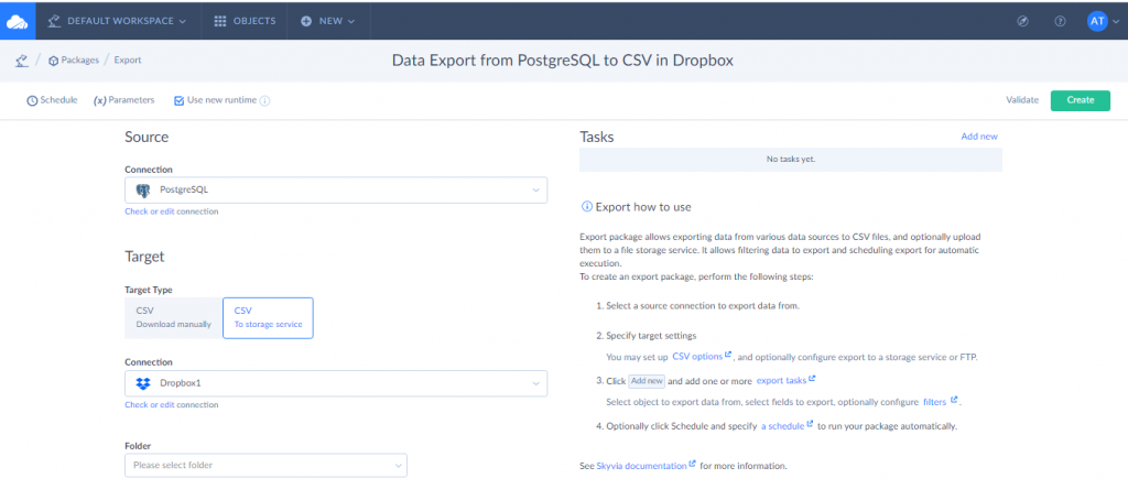Creating a Package for Data Export from PostgreSQL in Skyvia 1