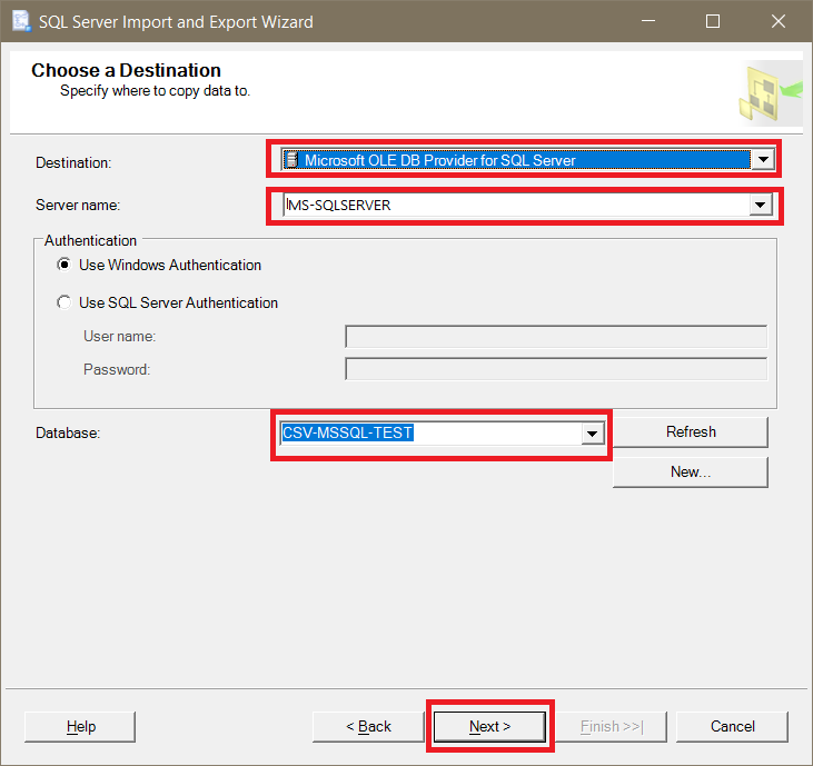 Choose the Destination (SQL Server)