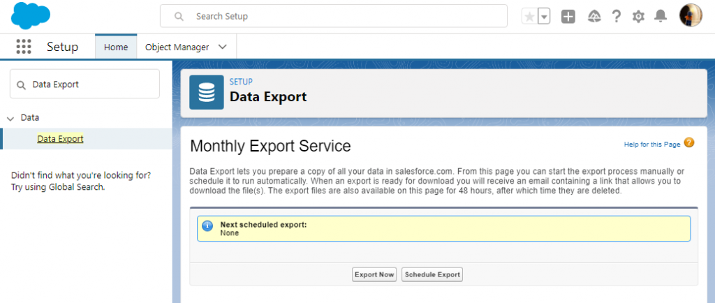 Exporting Salesforce Data via Export Backup Data: Step 1