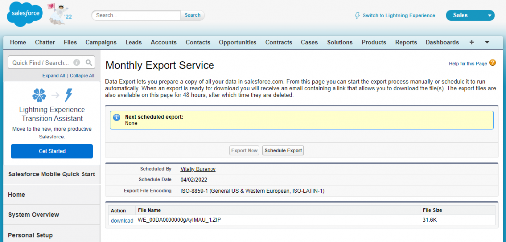 Exporting Salesforce Data via Export Backup Data: Step 5