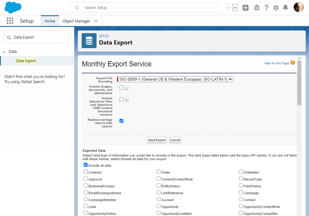 Exporting Salesforce Data via Export Backup Data: Step 3