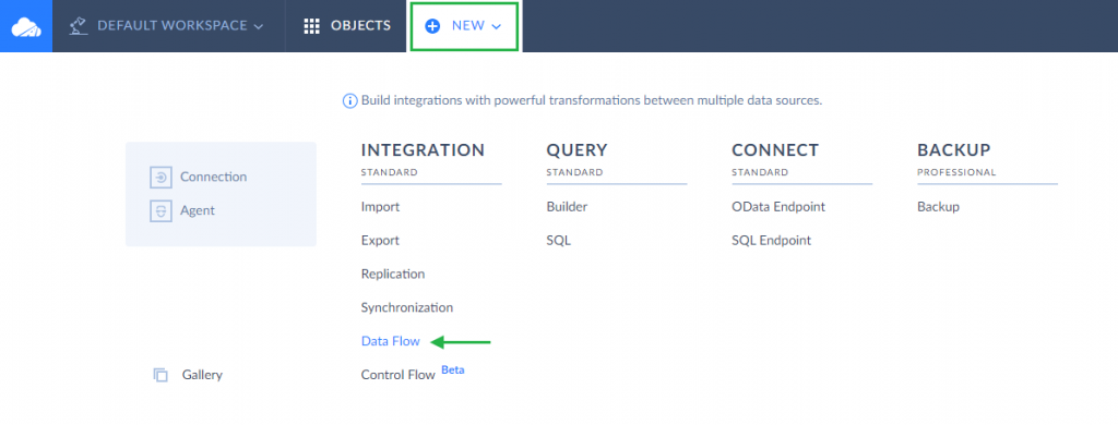 To create a data pipeline in Skyvia, select a Data Flow package and configure its settings.