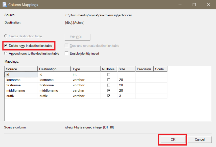 Specify the Database Table and Check Column Mappings 2