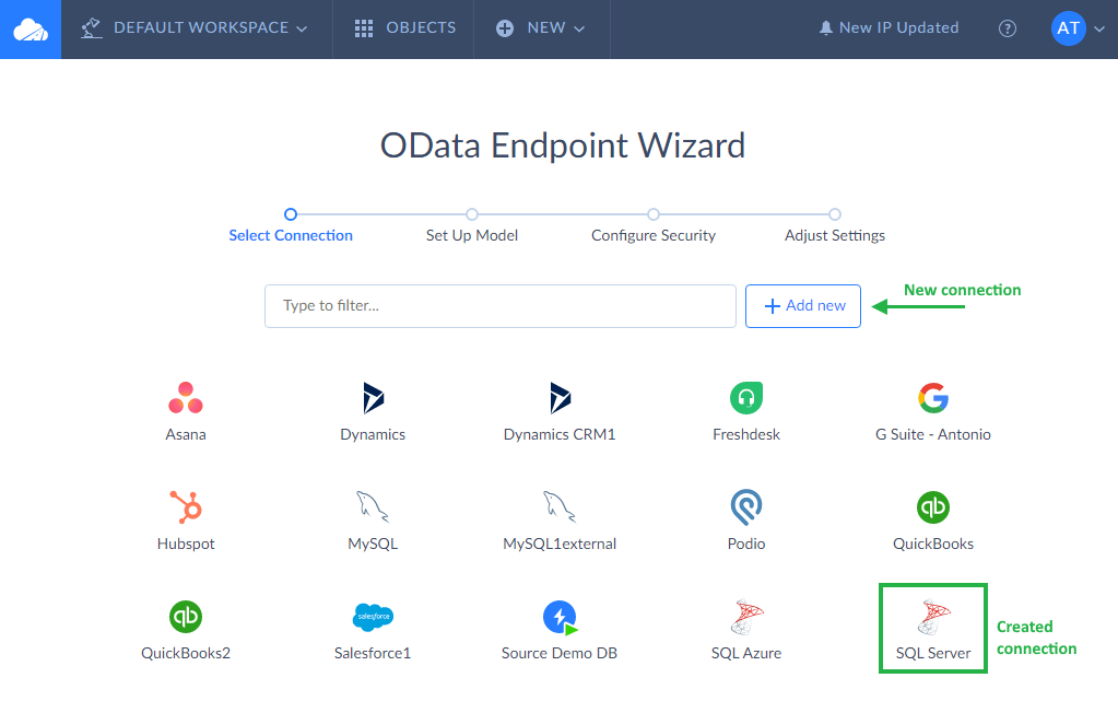 CREATE ODATA ENDPOINT TO SQL SERVER IN SKYVIA 2