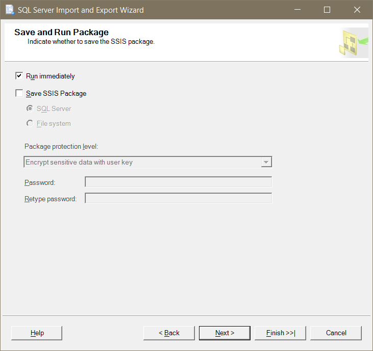 Optionally Save to an SSIS Package or Run Immediately 1