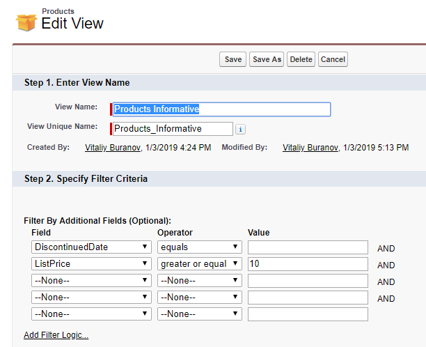 View Salesforce table with Filters