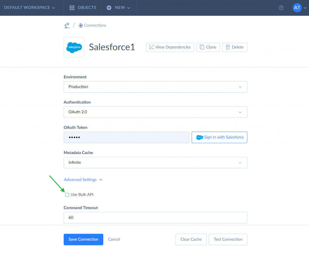 Bulk API use in Salesforce connection settings in Skyvia
