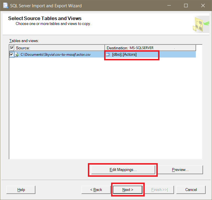 Specify the Database Table and Check Column Mappings 1