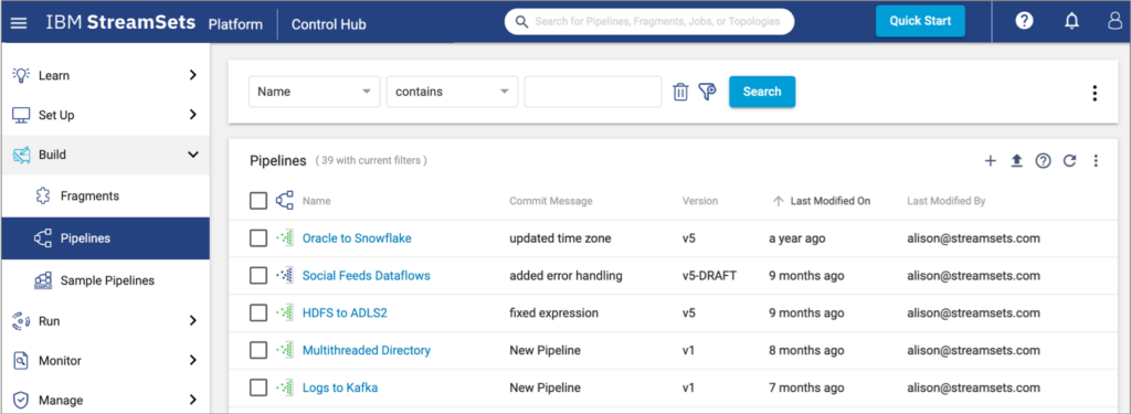 StreamSets interface