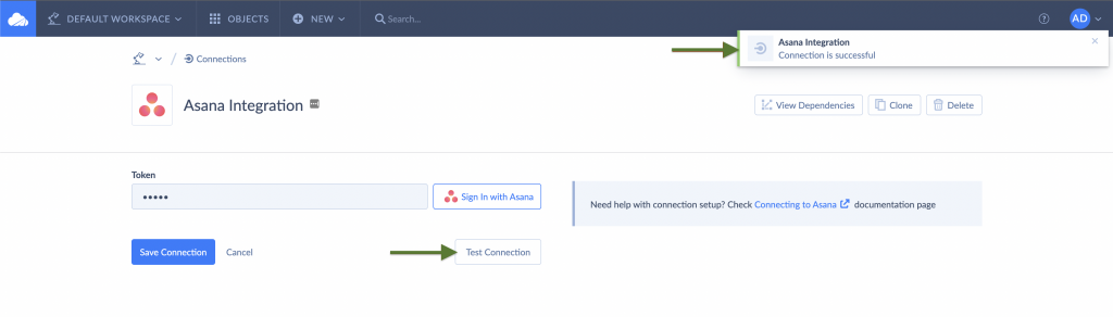 Validating Asana connection in Skyvia