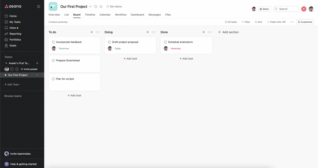 A sample Kanban board in Asana