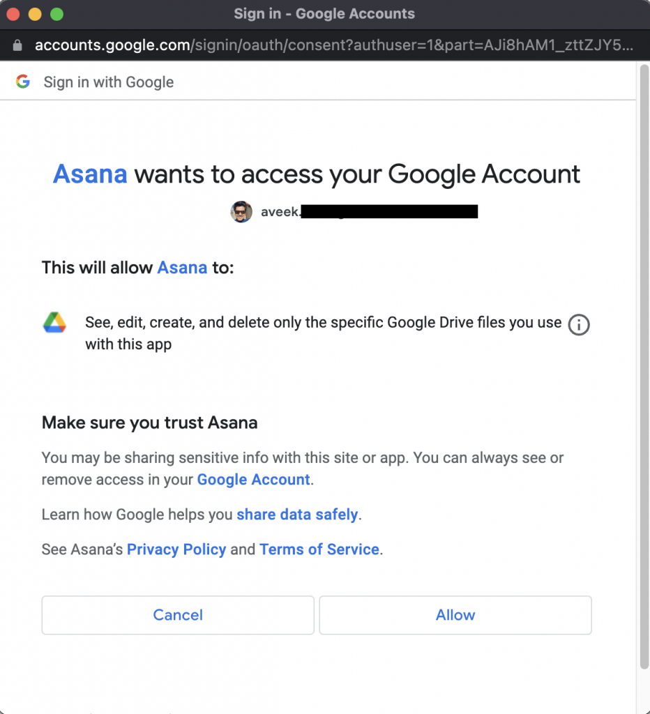 Allowing Asana to connect to Google Drive Account