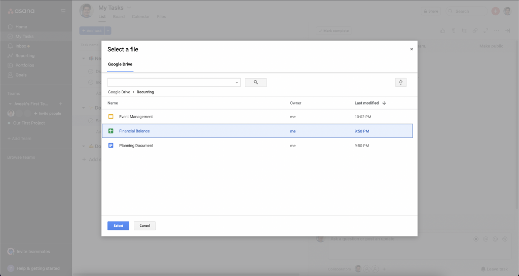 Selecting a File in Google Drive to import to Asana