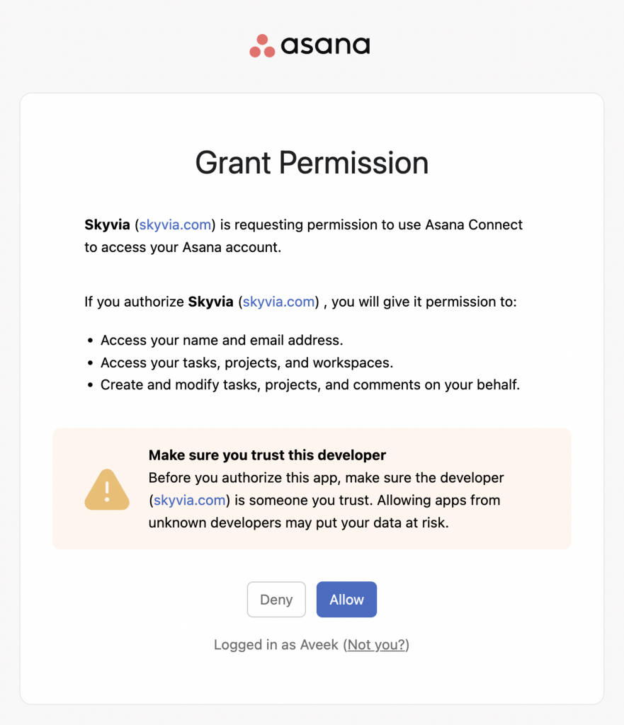 Allowing Skyvia to access the Asana account