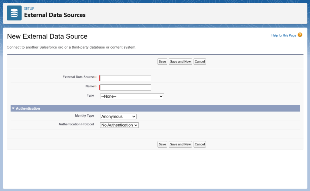 Salesforce New External Data source