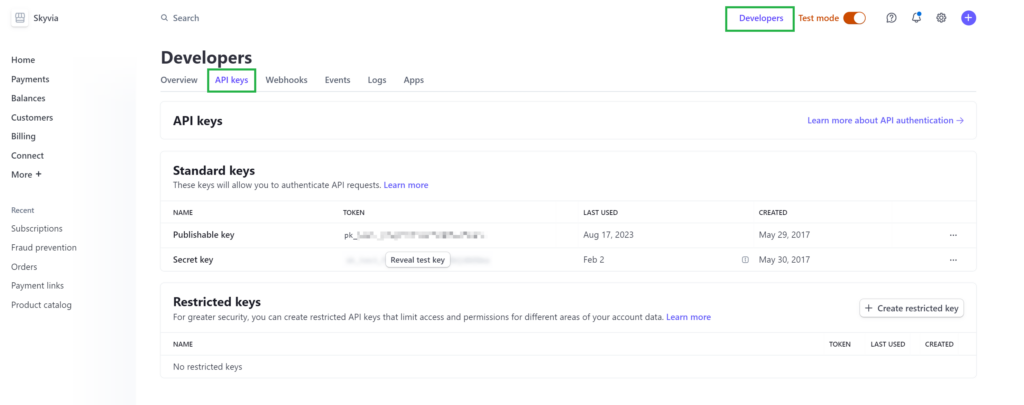 Stripe API keys