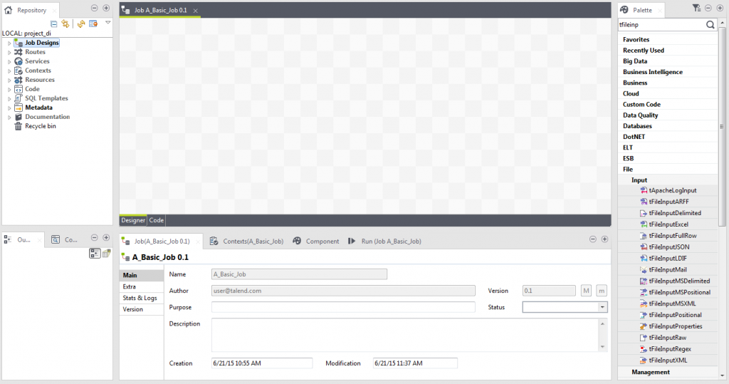 Talend Cloud Data Integration Studio design workspace