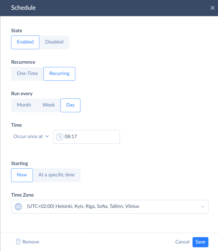 Automated schedule for integration by Skyvia