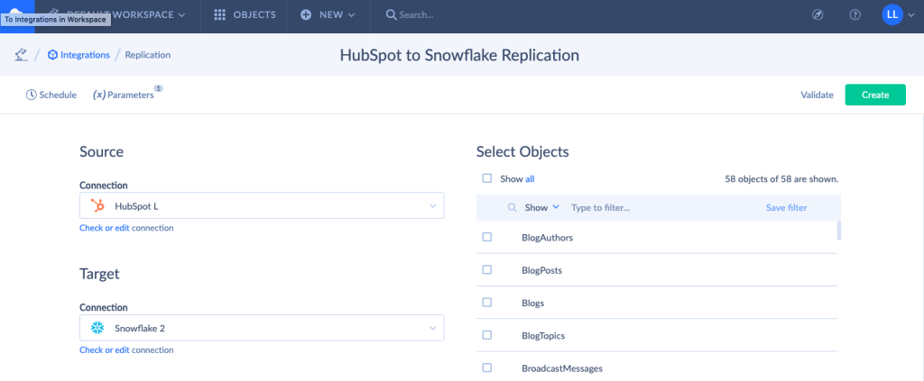 Hubspot to Snowflake replication