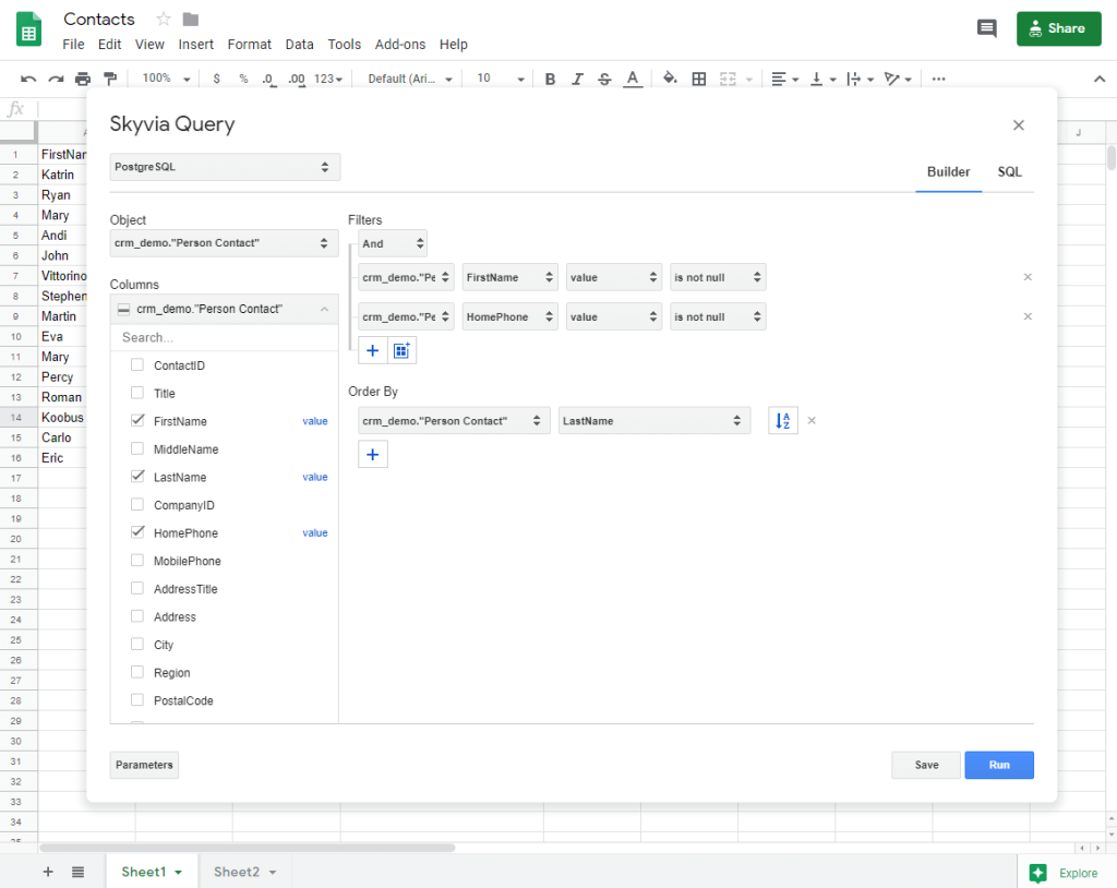 Skyvia Query Google Sheets add-on
