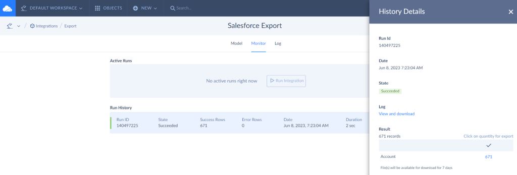 History details of the Salesforce data export by Skyvia