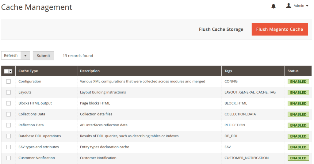 Magento cache management