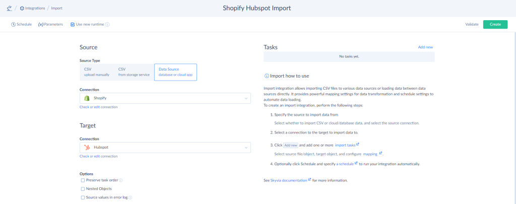 Shopify HubSpot data import by Skyvia