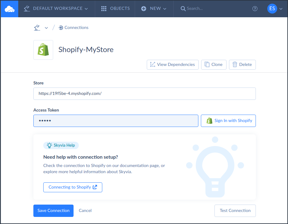Shopify connection by Skyvia