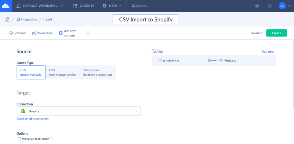 CSV Import to Shopify by Skyvia