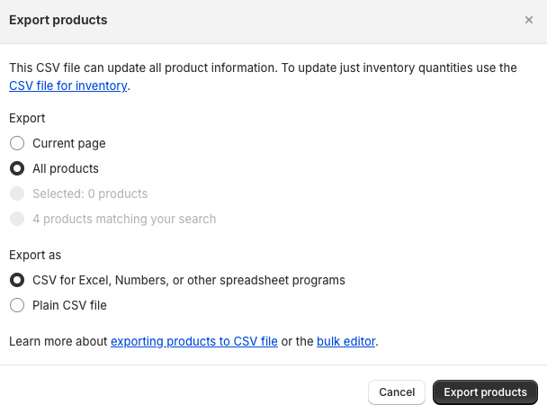 Shopify Export products