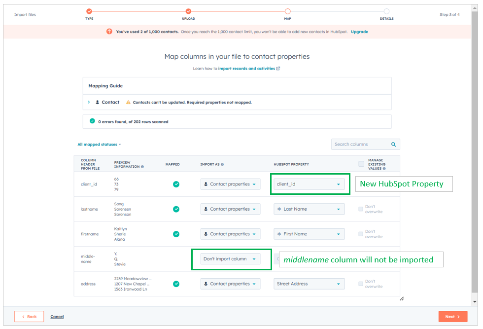 HubSpot map columns