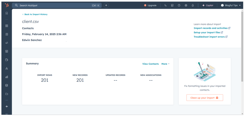 Hubspot data import history