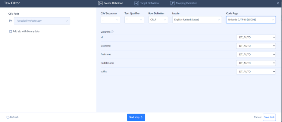 Skyvia Source Definition for Import