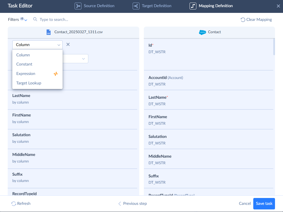 task editor data mapping