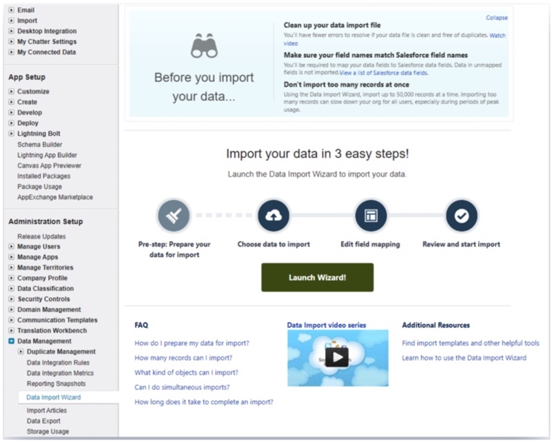 Salesforce Data Import Wizard screen showing data Salesforce data import wizard layout displaying data import steps and Salesforce data management tools for users