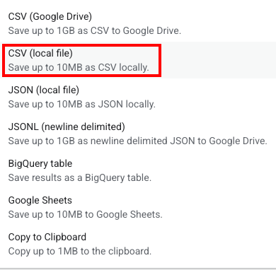 File options in Google BigQuery
