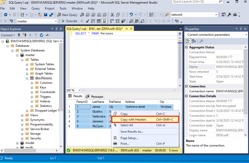 Copy with Headers SQL Server