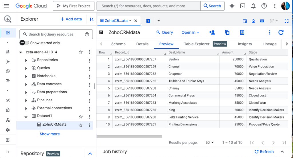 Google BigQuery Data Preview