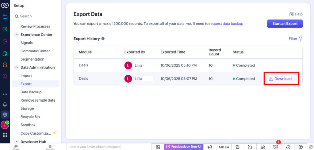 Zoho CRM Export Data