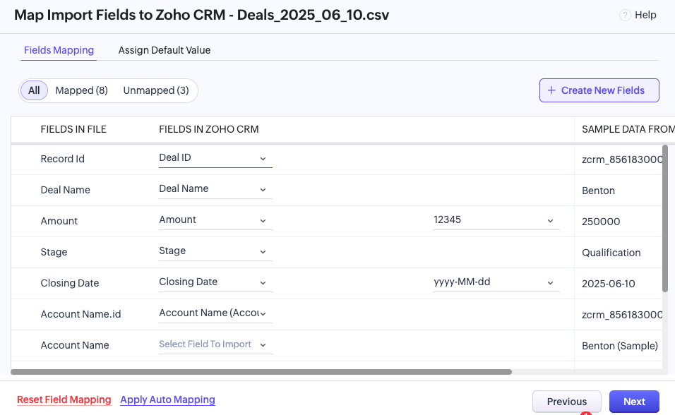 Map Import Fields to Zoho CRM