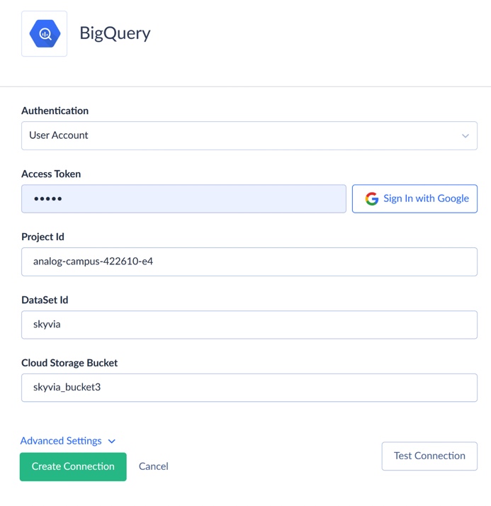 Google BigQuery connection