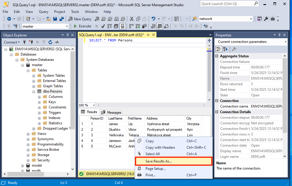 SQL Query Results menu